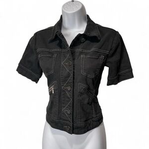 Y2K Cabi Crop Denim Cargo Button Up Short Sleeve T Shirt